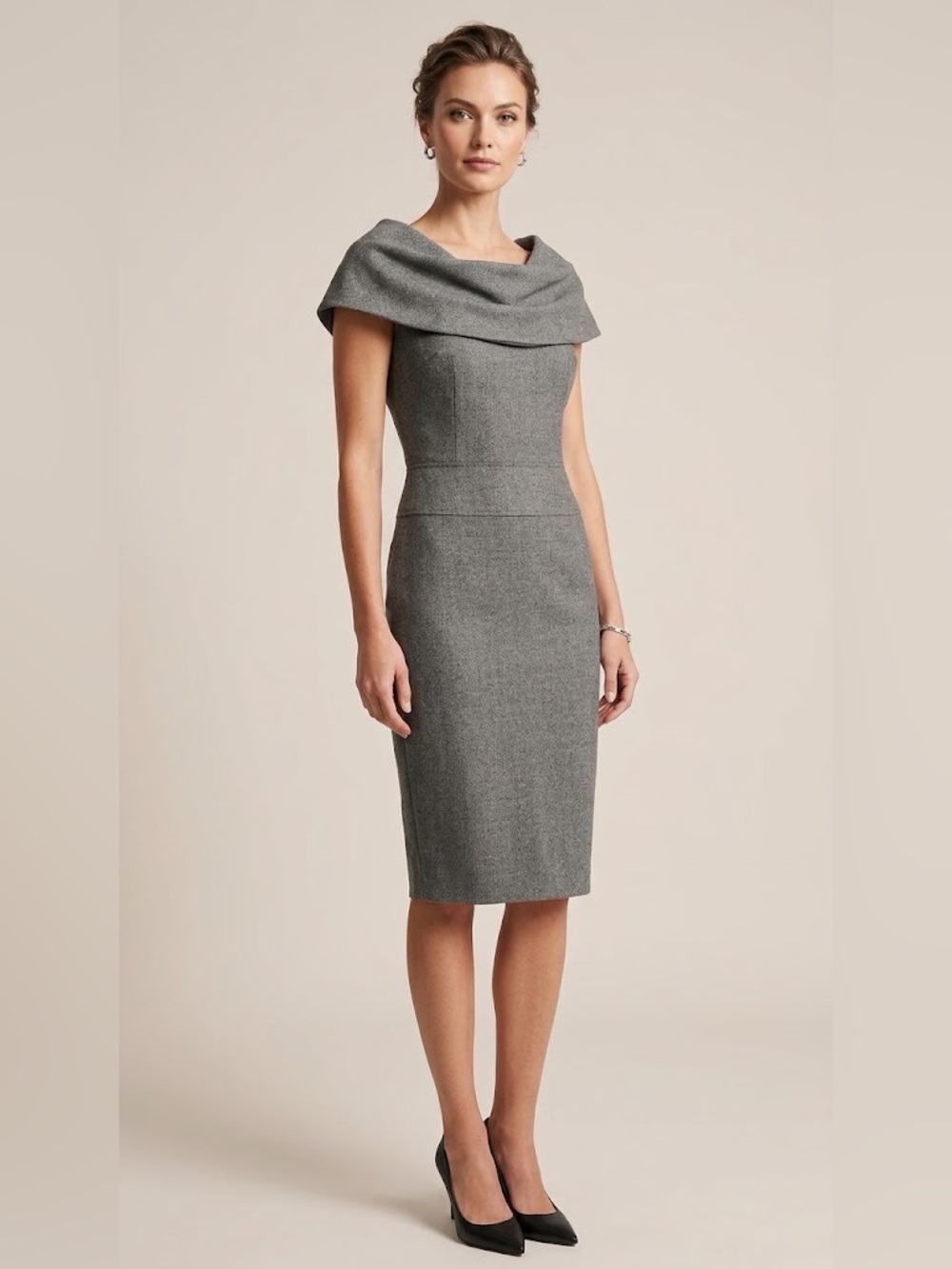 Alexander McQueen Gray Wool Draped Cowl Neck Sheath Dress IT 42